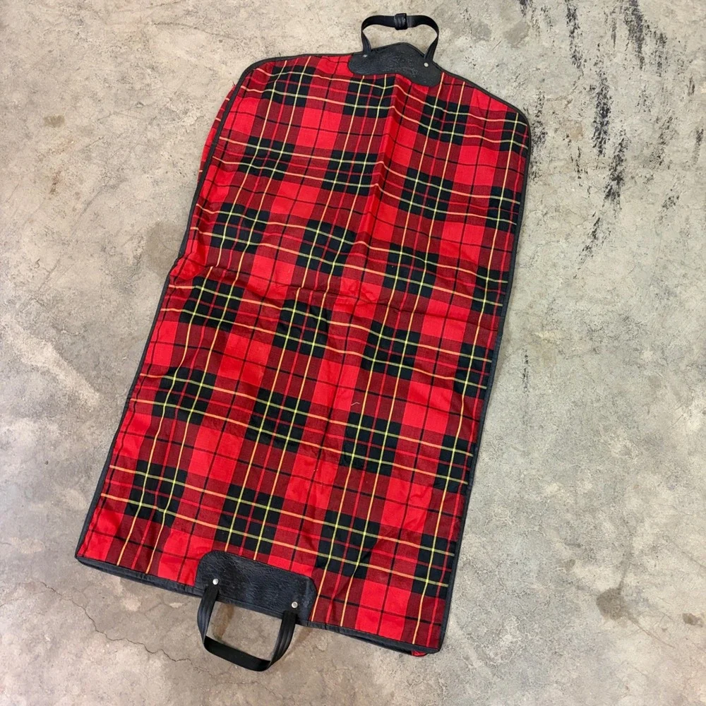Vintage Red Plaid Tartan Garment Bag Suit Carrier Travel Luggage USA Zipper